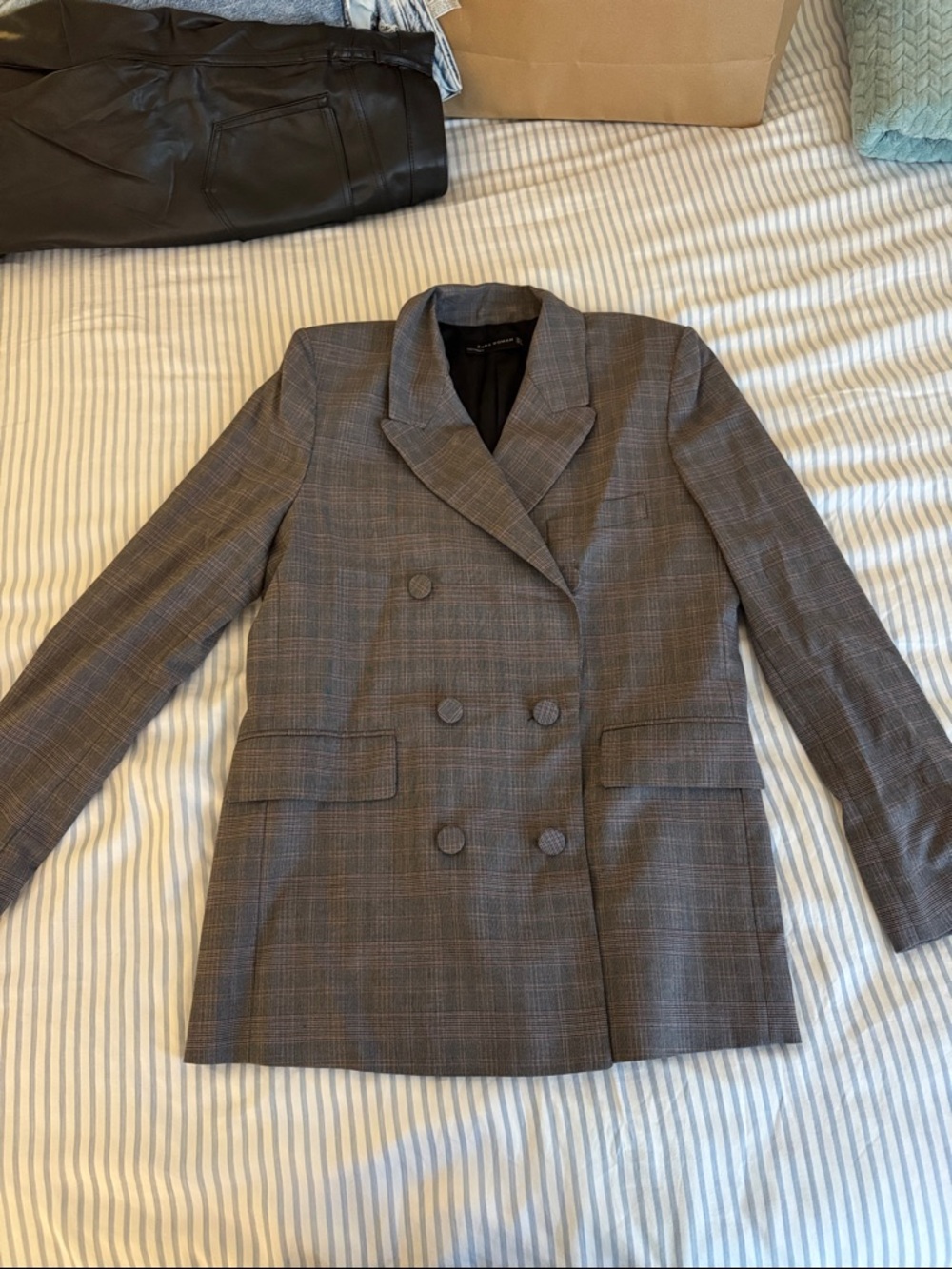 Zara Double-Breasted Plaid Blazer - Gray/Brown